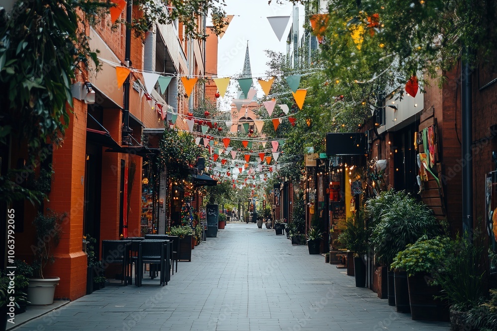 Fototapeta premium Charming urban alley with festive flags and warm brick walls