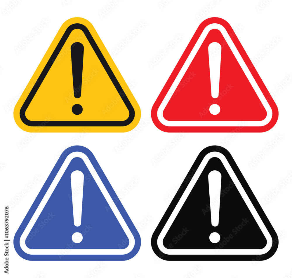 Hazard symbols in yellow, red, blue and black colors with exclamation symbols in flat style. Warning Signs. Danger warning icons. Exclamation marks. Hazard symbols in yellow, red, blue and black colors with exclamation symbols in flat style. Warning Signs. Danger warning icons. Exclamation marks.