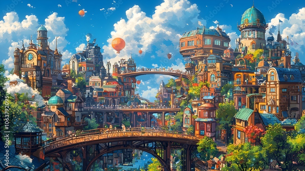 Obraz premium Impressive futuristic cityscape featuring multiple elevated buildings connected by sky bridges set against a bright blue sky with fluffy clouds creating an inviting and modern atmosphere