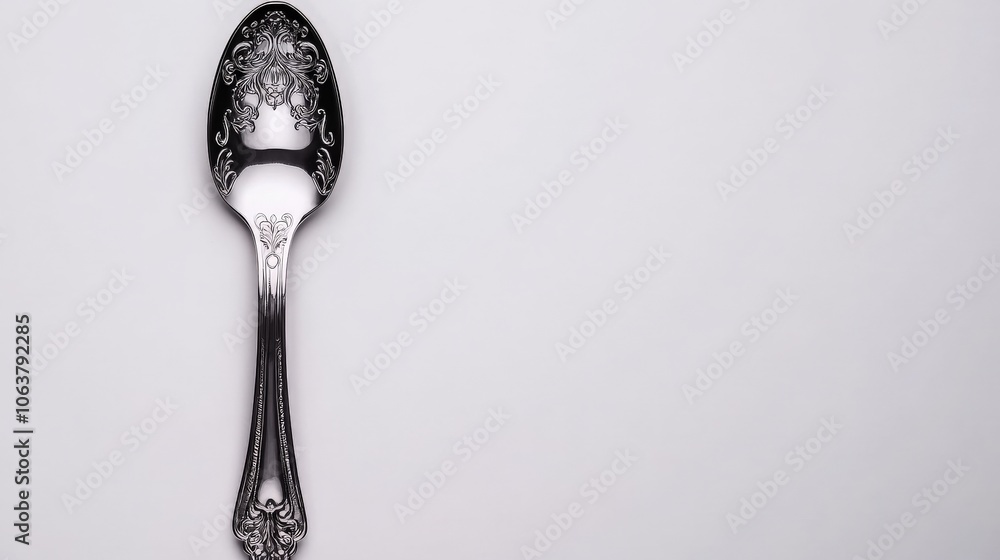 Elegant Ornate Spoon: A close-up shot of a silver spoon with intricate detailing against a simple backdrop. Perfect for adding a touch of sophistication to your designs. Elegant Ornate Spoon: A close-up shot of a silver spoon with intricate detailing against a simple backdrop. Perfect for adding a touch of sophistication to your designs.
