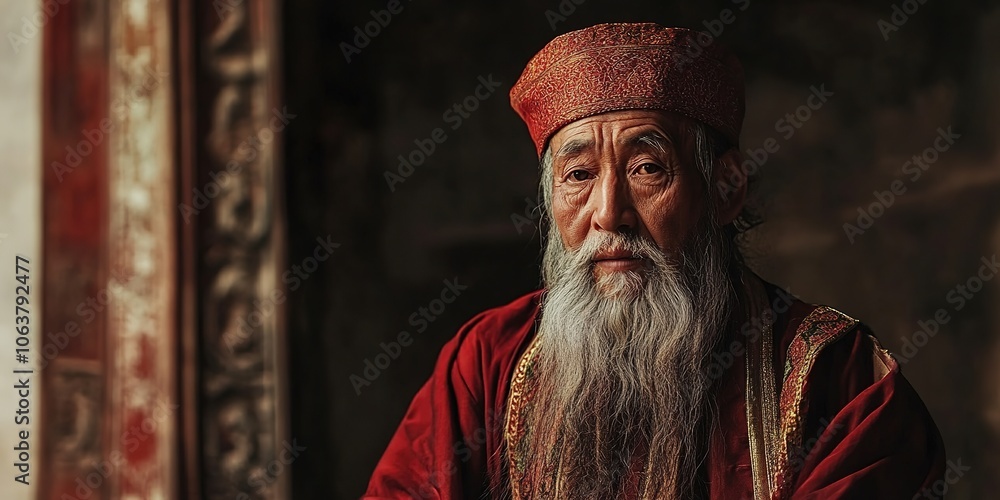 Obraz premium Elderly Asian man in traditional attire with wisdom in eyes