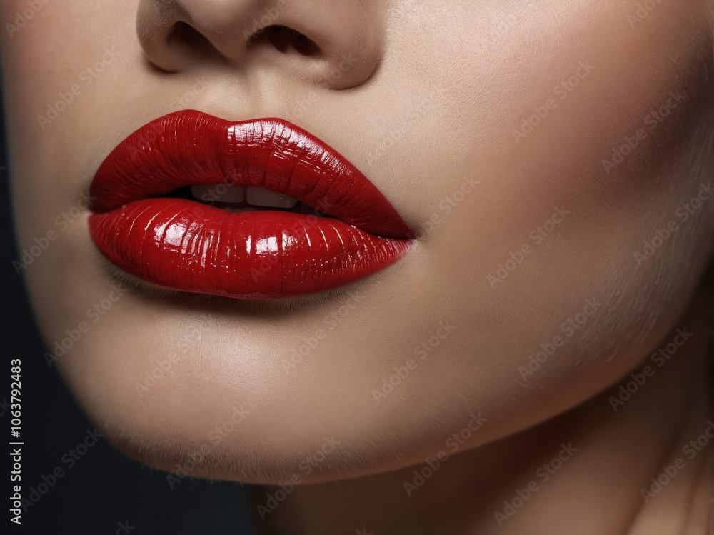 Obraz premium Close-up of woman’s lips with rich, matte red lipstick, emphasizing their smooth texture and bold, striking color, creating a sophisticated look