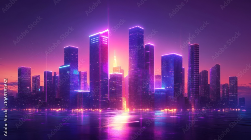 A futuristic cityscape with neon lights reflecting on water at sunset. A futuristic cityscape with neon lights reflecting on water at sunset.