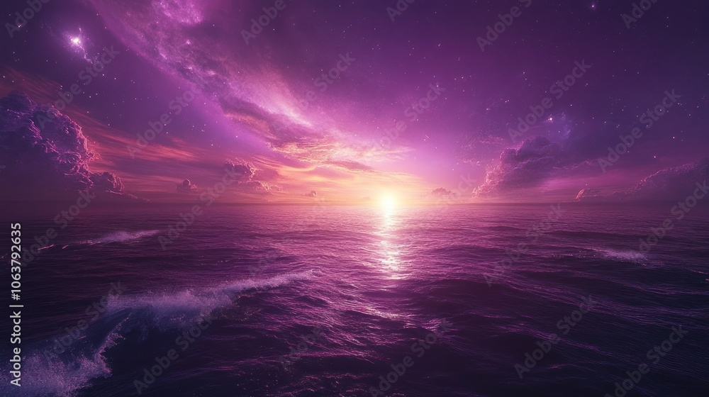 A surreal, dreamlike seascape at sunset with a purple and pink sky and stars. A surreal, dreamlike seascape at sunset with a purple and pink sky and stars.
