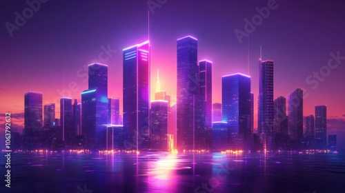 A futuristic cityscape with neon lights reflecting on water at sunset.