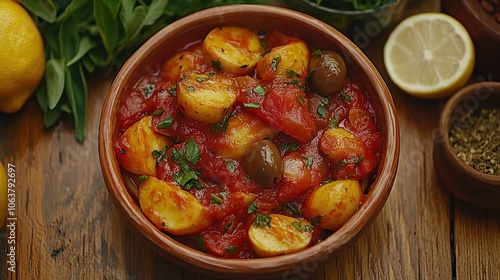 A bowl of potato stew with tomatoes, olives, and herbs on a wooden table.