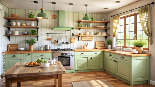 Rustic Cottage Kitchen with Green Cabinets and Wooden Countertop. Perfect for: Country homes, rustic weddings