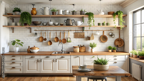 Cozy Country Kitchen with Wooden Countertop and Pot Rack. Perfect for: Farmhouse weddings, rustic events