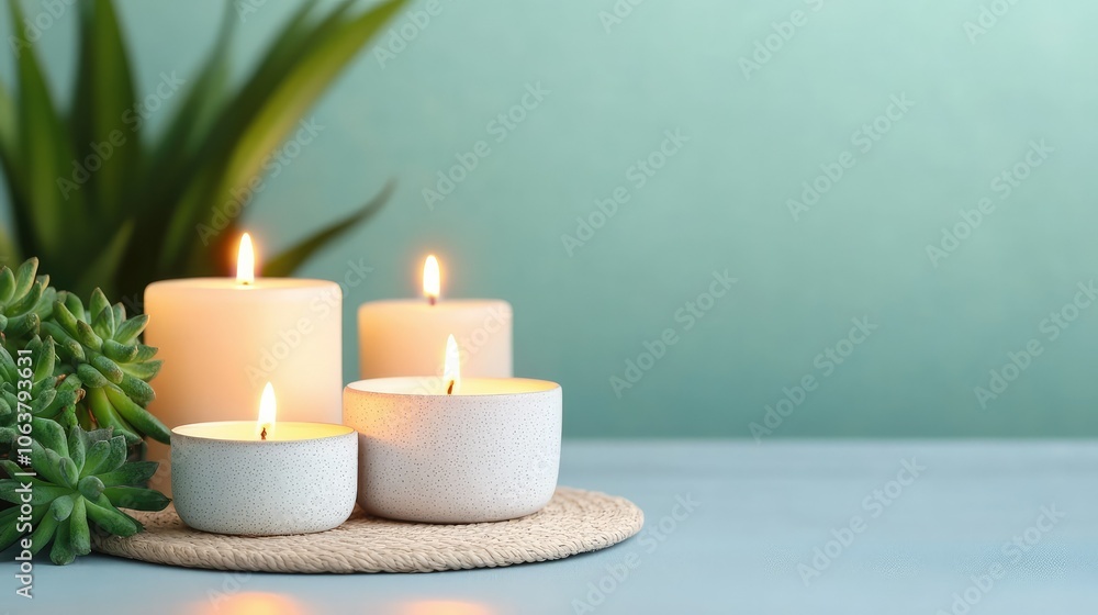 A serene arrangement of lit candles and a succulent plant, set against a calming mint-green background, ideal for relaxation and ambiance. A serene arrangement of lit candles and a succulent plant, set against a calming mint-green background, ideal for relaxation and ambiance.