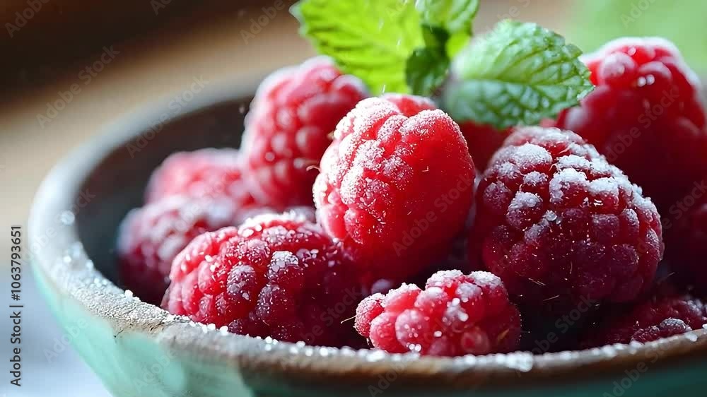 Fresh Frosted Raspberries with Mint Leaf in Rustic Bowl Fresh Frosted Raspberries with Mint Leaf in Rustic Bowl
