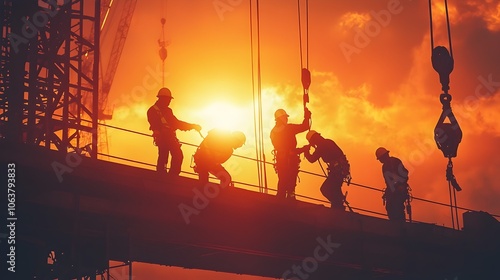 of construction workers lifting heavy materials and equipment at an elevated industrial structure