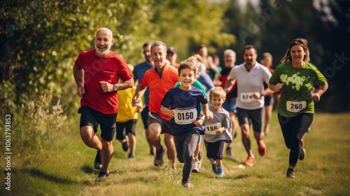 A vibrant group of diverse people of varying ages run together through a lush park, capturing the spirit of community and vitality.