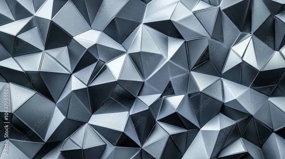 Fototapeta premium A futuristic low-poly seamless pattern with metallic-looking facets in silver, gray, and black, creating a sleek and modern design for fashion textiles, tech branding, or digital backgrounds
