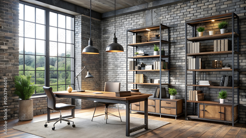 Industrial Study Room with Iron Bookshelves and Brick Walls. Perfect for: Modern offices, creative spaces Industrial Study Room with Iron Bookshelves and Brick Walls. Perfect for: Modern offices, creative spaces