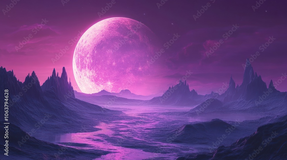 A large, pink moon illuminates a desolate alien landscape with jagged mountains and a winding river. A large, pink moon illuminates a desolate alien landscape with jagged mountains and a winding river.