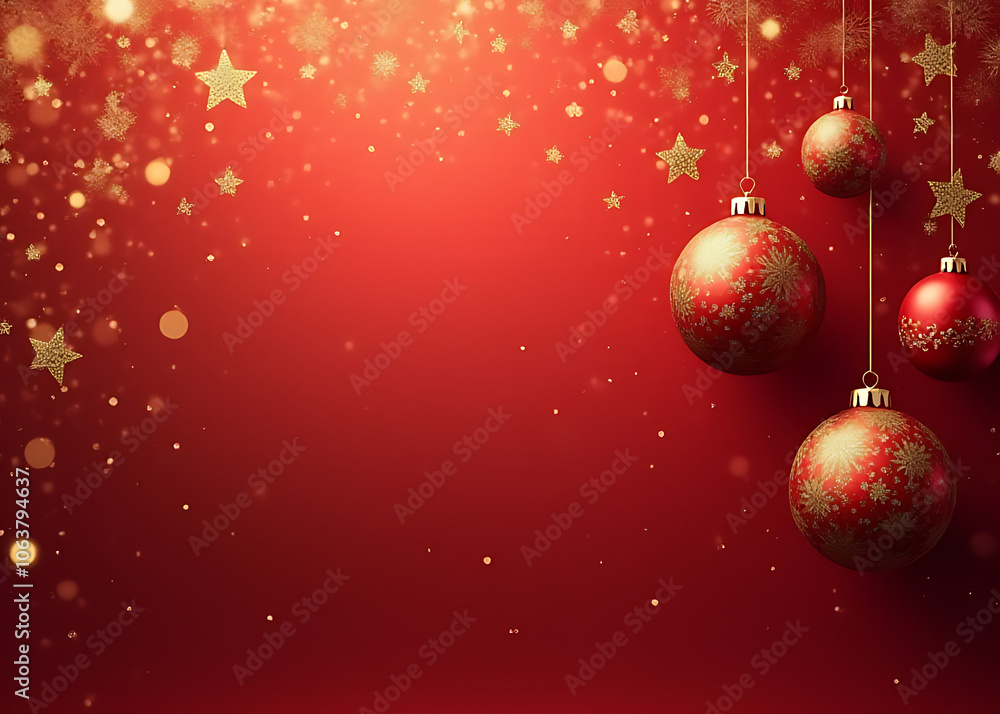 Red and gold Christmas balls hang from a elegant background in this merry Christmas and happy New Year greeting vector illustration Red and gold Christmas balls hang from a elegant background in this merry Christmas and happy New Year greeting vector illustration
