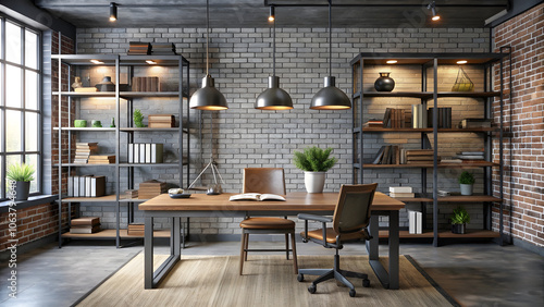 Wallpaper Mural Industrial Study Room with Iron Bookshelves and Brick Walls. Perfect for: Modern offices, creative spaces Torontodigital.ca