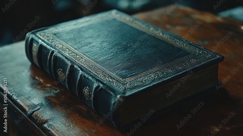 A worn, antique, leather-bound book rests on a rustic wooden table. A worn, antique, leather-bound book rests on a rustic wooden table.