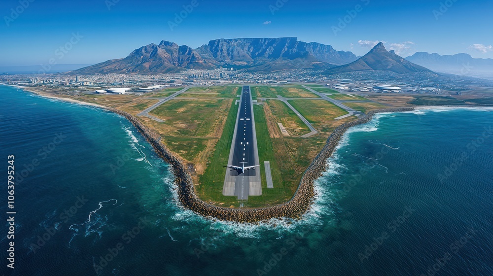 Fototapeta premium Aerial view of an airport runway with Table Mountain in the background.