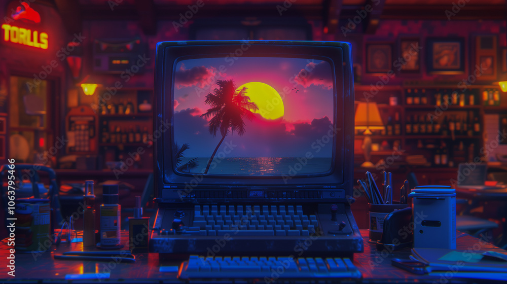 Retro Computer with Tropical Sunset on Screen in Cozy Room Retro Computer with Tropical Sunset on Screen in Cozy Room