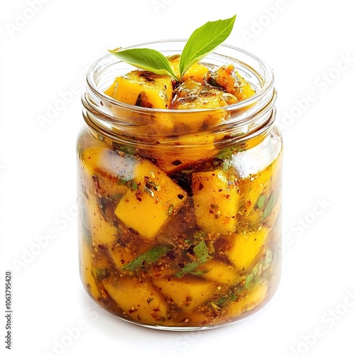 Pickled mango slices in glass jar with spices.