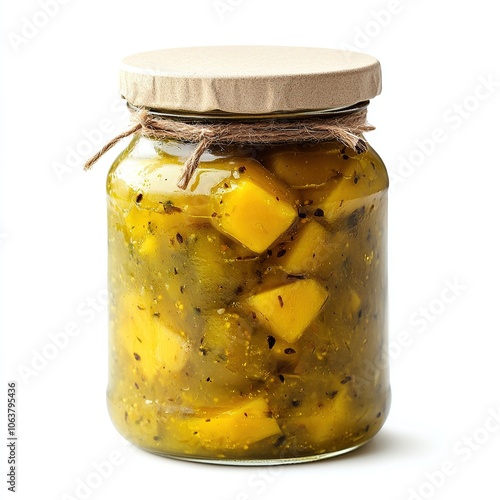 Pickled mango slices in glass jar with spices.