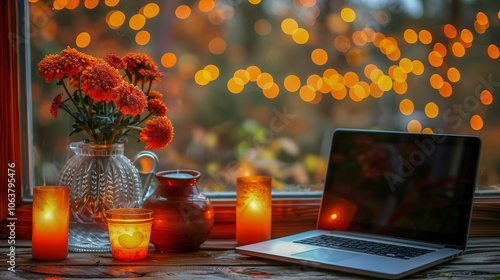 Cozy Workspace with Laptop, Flowers, Candles, and Bokeh Lights