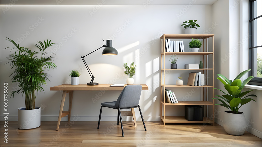 Fototapeta premium Minimalist Study with White Walls and Wooden Bookshelf. Perfect for: Home libraries, study nooks, minimalist interiors
