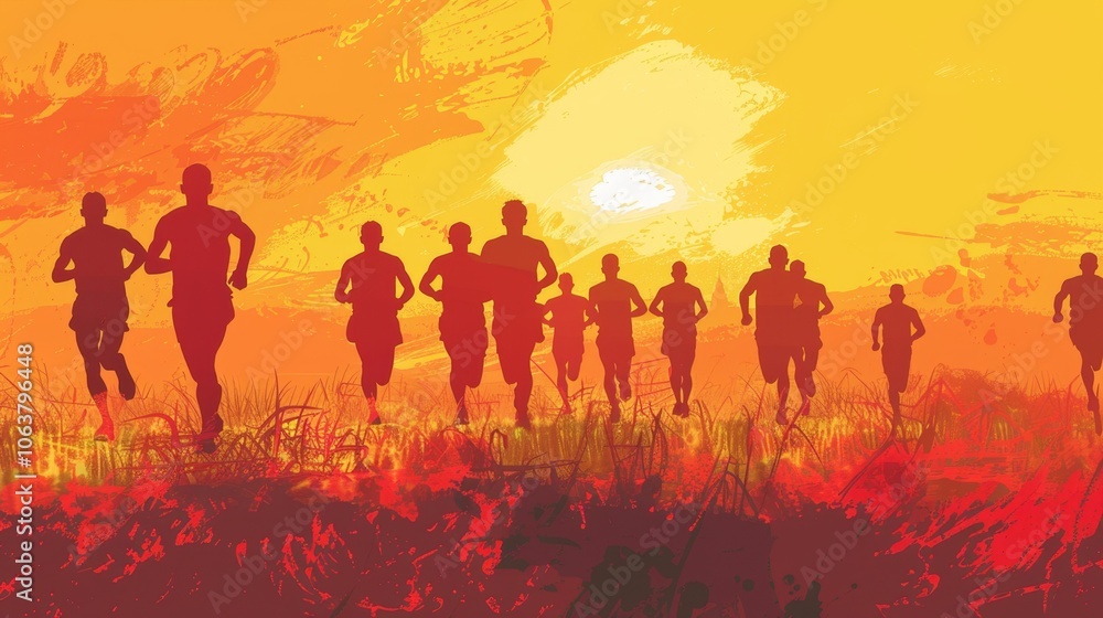 Group of Marathon Runners Silhouetted at Sunset on Vibrant Grassland Background Group of Marathon Runners Silhouetted at Sunset on Vibrant Grassland Background