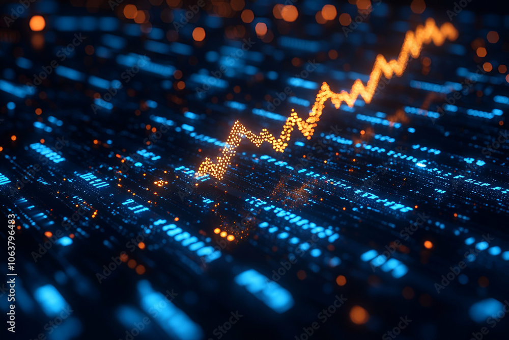 A vibrant digital graphic depicting a rising data graph with blue lines and orange peaks, representing growth and analytics in a tech environment.