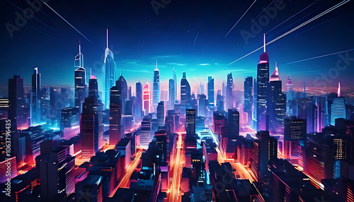 glowing neon lights illuminate futuristic cityscapes night sprawling metropolises photo