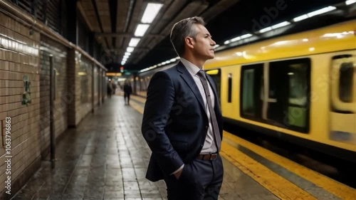 Wallpaper Mural Man in Suit Waiting on Subway Platform in Urban City Torontodigital.ca