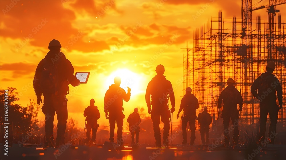 Fototapeta premium Team of Engineers and Construction Workers Gathered Around Digital Tablet Displaying Project Plans Surrounded by Warm Golden Light Illuminating Concrete Structures and Scaffolding in the Background