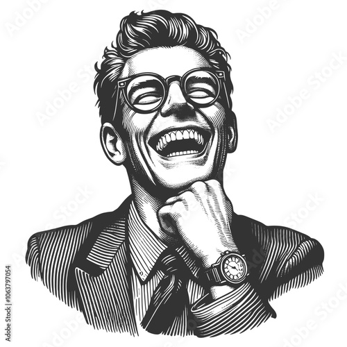 Businessman man with glasses, laughing joyfully, capturing a sense of happiness and nostalgia sketch engraving generative ai vector illustration. Scratch board imitation. Black and white image.