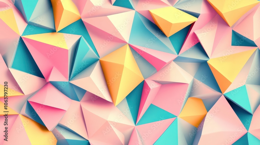 A playful low-poly seamless pattern with bright, pastel-colored triangles arranged in a dynamic, overlapping layout, great for children products, wrapping paper, or modern decor A playful low-poly seamless pattern with bright, pastel-colored triangles arranged in a dynamic, overlapping layout, great for children products, wrapping paper, or modern decor