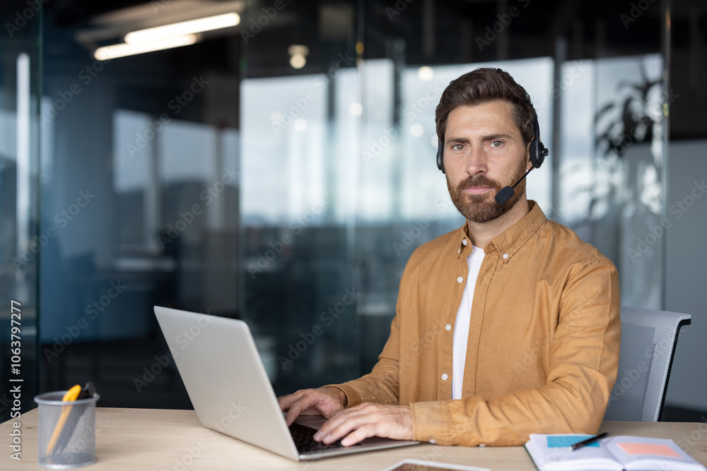 Mature business man using headset and laptop in office. Depicts professional communication, focus, and efficiency ideal for customer support or remote work scenarios. Mature business man using headset and laptop in office. Depicts professional communication, focus, and efficiency ideal for customer support or remote work scenarios.