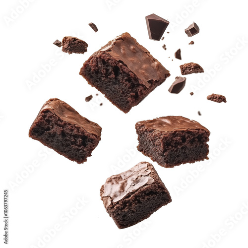 Levitation of chocolate brownies and chunks concept for dessert temptation - png set transparent background photo