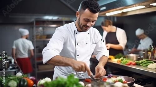 In a bustling kitchen, a chef instructs on cutting fresh vegetables, promoting culinary skills and teamwork among aspiring cooks. photo