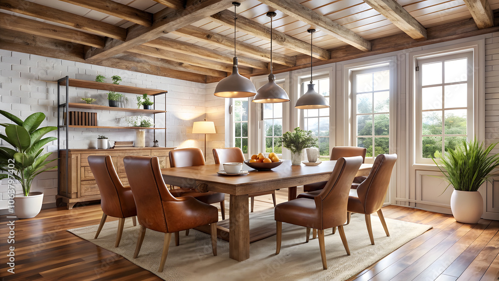 Fototapeta premium Rustic Dining Room with White Table and Wood Beam Ceilings. Perfect for: Rustic-themed gatherings, farmhouse decor, cozy dining