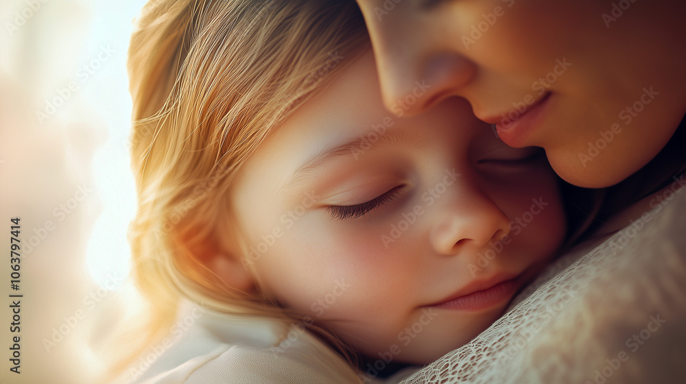 A child peacefully resting her head on her mother's shoulder in a warm and intimate moment