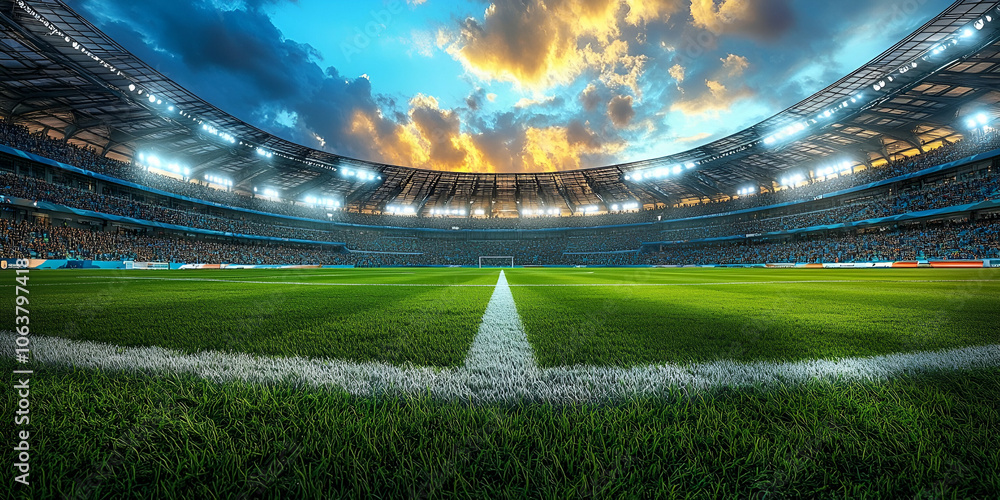 A vibrant stadium scene featuring a lush green field under dramatic skies, illuminated by bright stadium lights, perfect for an exciting match. A vibrant stadium scene featuring a lush green field under dramatic skies, illuminated by bright stadium lights, perfect for an exciting match.