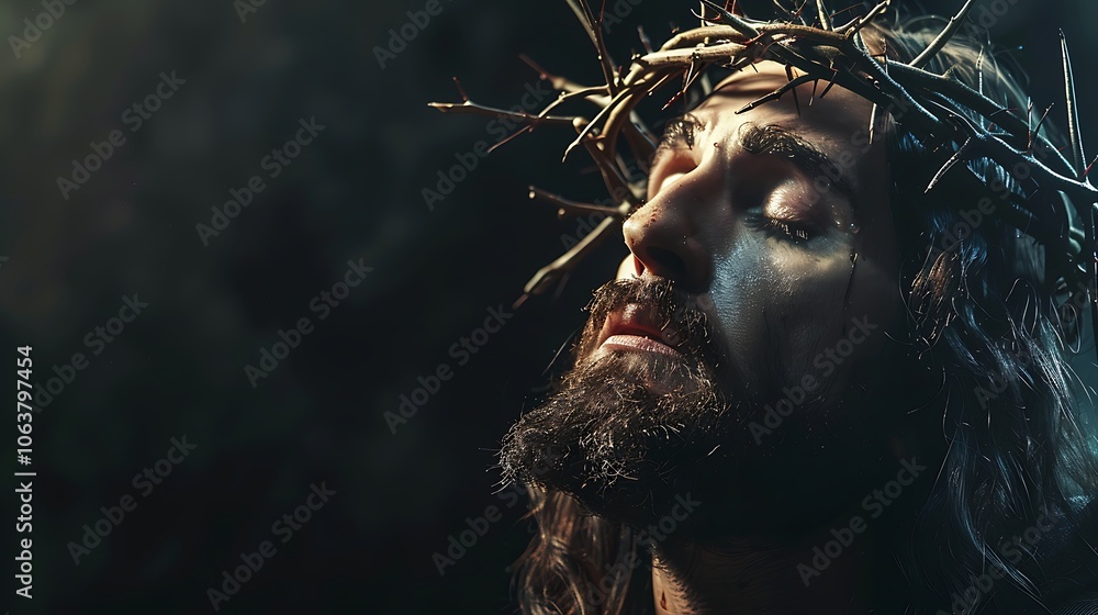 A powerful and emotive portrait of Jesus Christ wearing a crown of thorns, gazing downward in deep contemplation, with dramatic lighting and shadows. A powerful and emotive portrait of Jesus Christ wearing a crown of thorns, gazing downward in deep contemplation, with dramatic lighting and shadows.