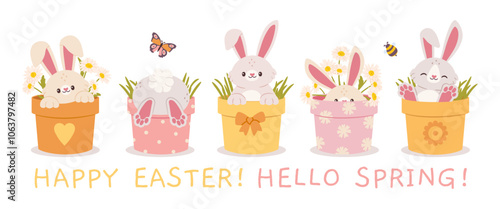 Cartoon Easter bunny. Cute rabbit in garden pot. Funny holiday bunnies in plant pots. Hello spring. Banner with cute animals and flowers. Springtime vector concept