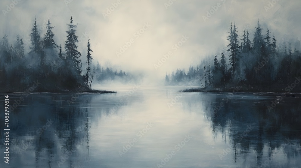 Tranquil landscape with a soft fog rolling over a serene lake creating a dreamy effect with water droplets visible on the surface Tranquil landscape with a soft fog rolling over a serene lake creating a dreamy effect with water droplets visible on the surface