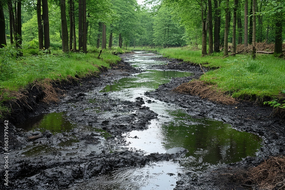 A Creek Running Through A Forest With Dark Muddy Banks A Creek Running Through A Forest With Dark Muddy Banks