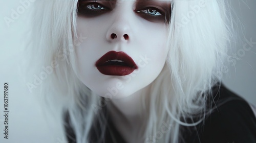 A DIY vampire makeup tutorial, highlighting pale skin, blood-red lips, and dark under-eye circles.