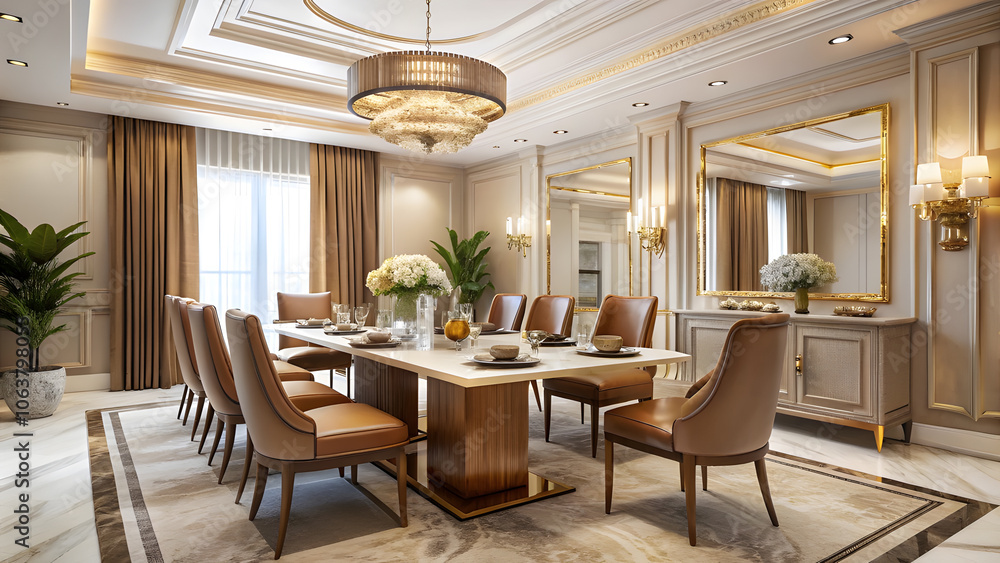 Elegant Neo-Classical Dining Room with Cream Walls and Marble Table. Perfect for: Formal dinners, classical-themed decor, luxury homes Elegant Neo-Classical Dining Room with Cream Walls and Marble Table. Perfect for: Formal dinners, classical-themed decor, luxury homes