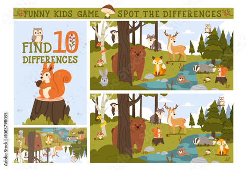 Find differences game. Kids game with forest animal. Funny education game for children. Printable page with puzzle. Autumn woodland scene with animals. Vector concept