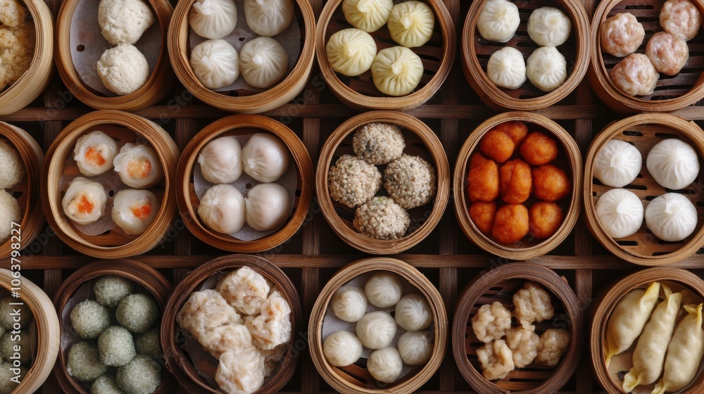 Assortment of dim sum: dumplings, buns, and rolls neatly arranged in steamer baskets in a traditional Chinese kitchen Assortment of dim sum: dumplings, buns, and rolls neatly arranged in steamer baskets in a traditional Chinese kitchen