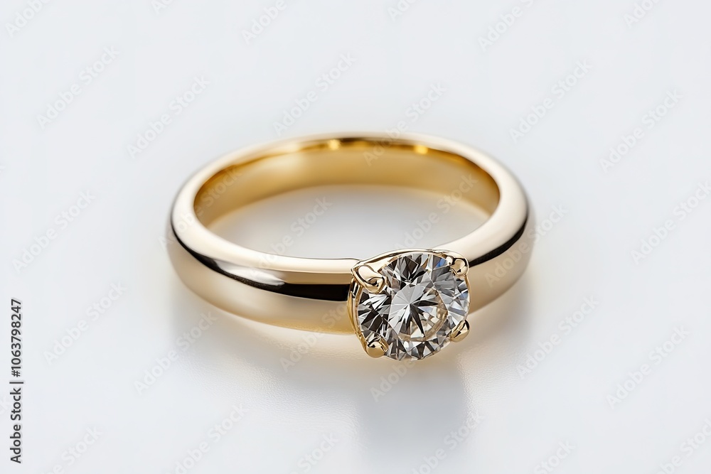Elegant gold ring with single large diamond on white Elegant gold ring with single large diamond on white